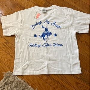 White Graphic Tee with Blue Rodeo Print